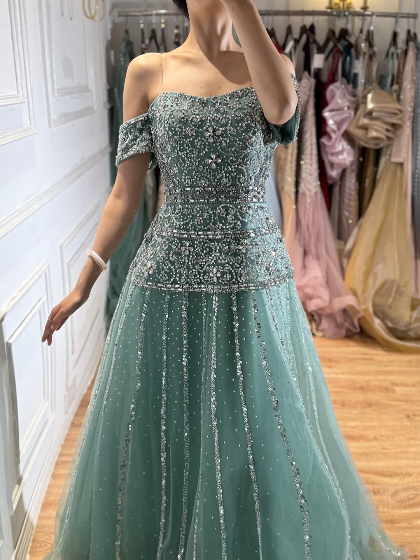 Luxury Caramel Off The Shoulder A-Line Beaded Evening Dress CLA72709