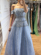 Luxury Caramel Off The Shoulder A-Line Beaded Evening Dress CLA72709