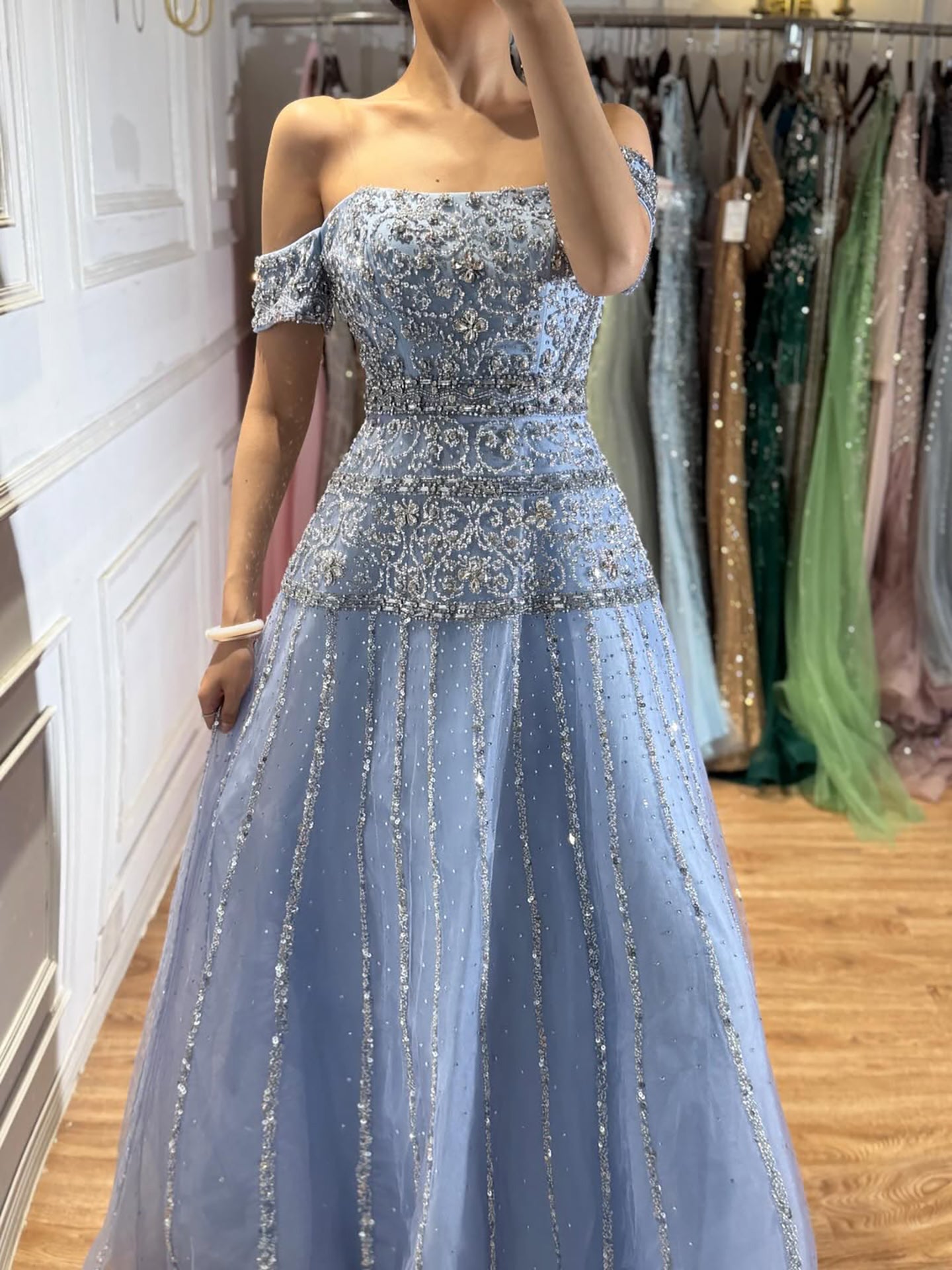 Luxury Caramel Off The Shoulder A-Line Beaded Evening Dress CLA72709