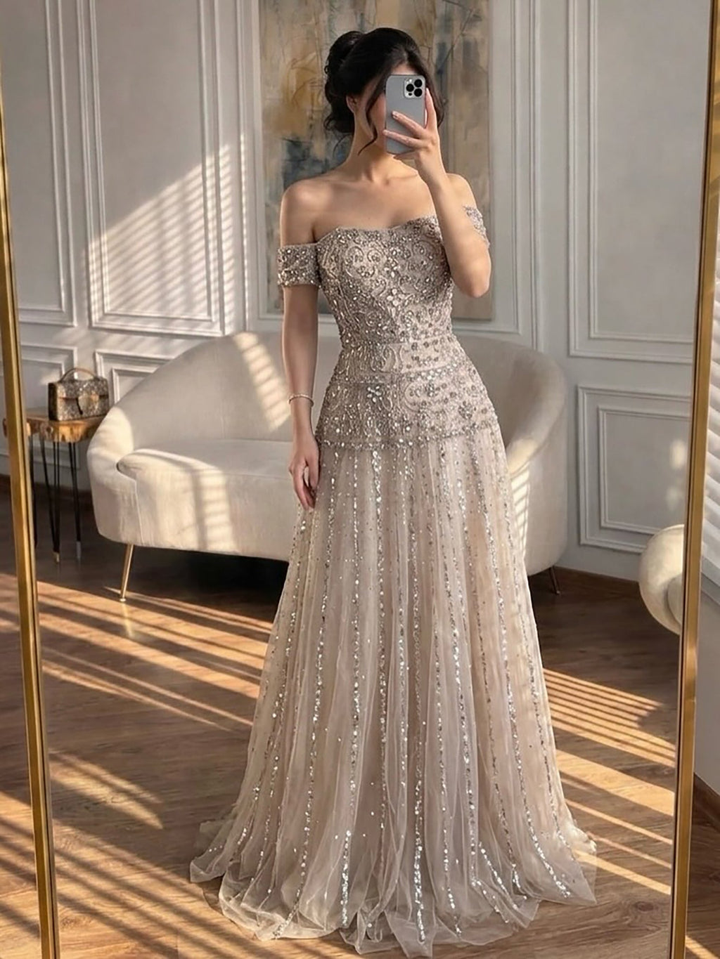 Luxury Caramel Off The Shoulder A-Line Beaded Evening Dress CLA72709