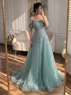 Luxury Caramel Off The Shoulder A-Line Beaded Evening Dress CLA72709