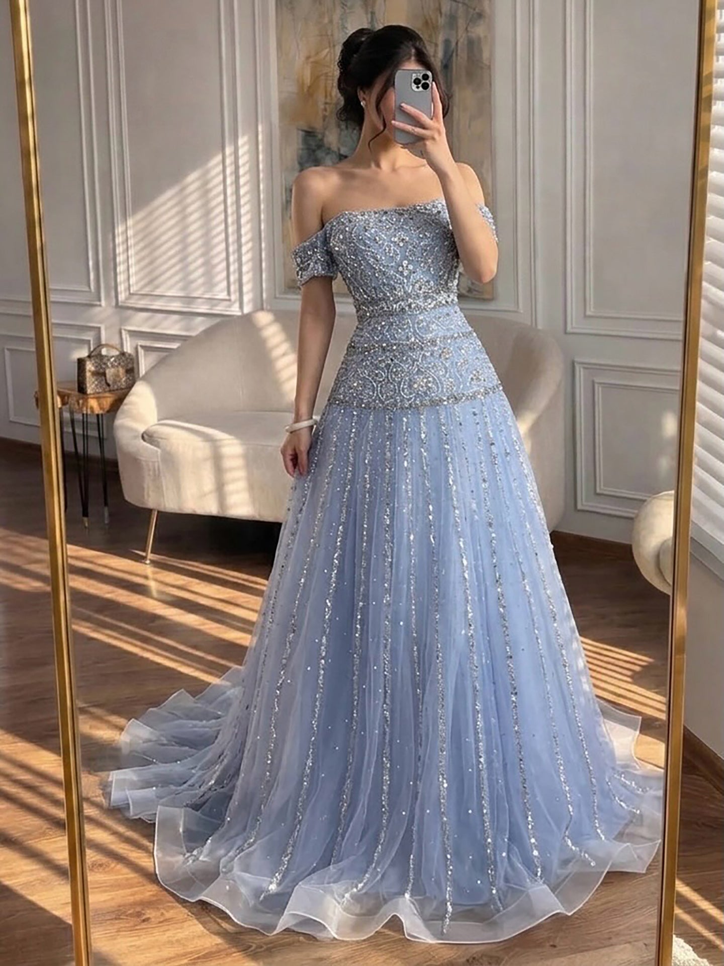 Luxury Caramel Off The Shoulder A-Line Beaded Evening Dress CLA72709