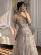 Luxury Caramel Off The Shoulder A-Line Beaded Evening Dress CLA72709