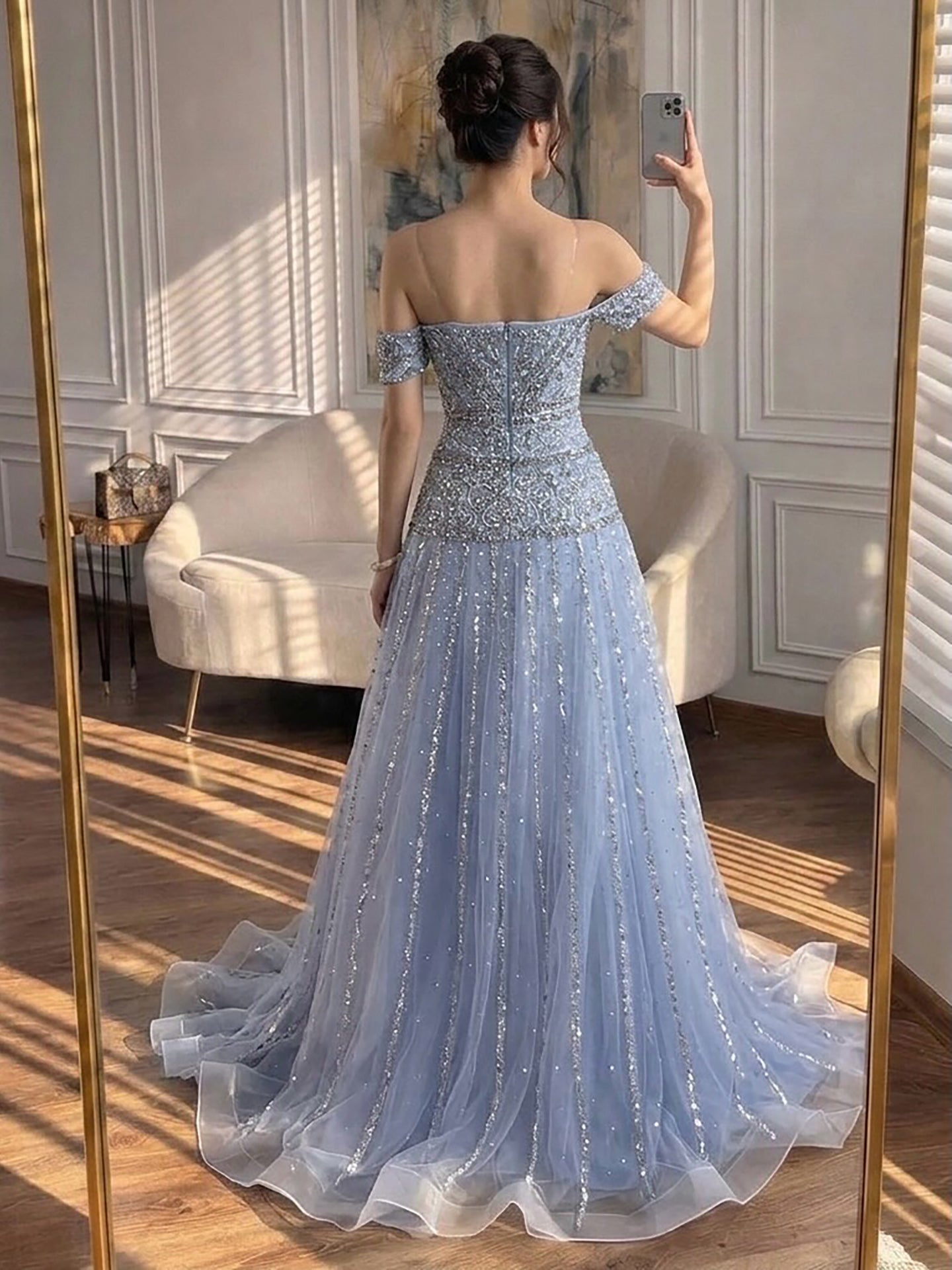 Luxury Caramel Off The Shoulder A-Line Beaded Evening Dress CLA72709