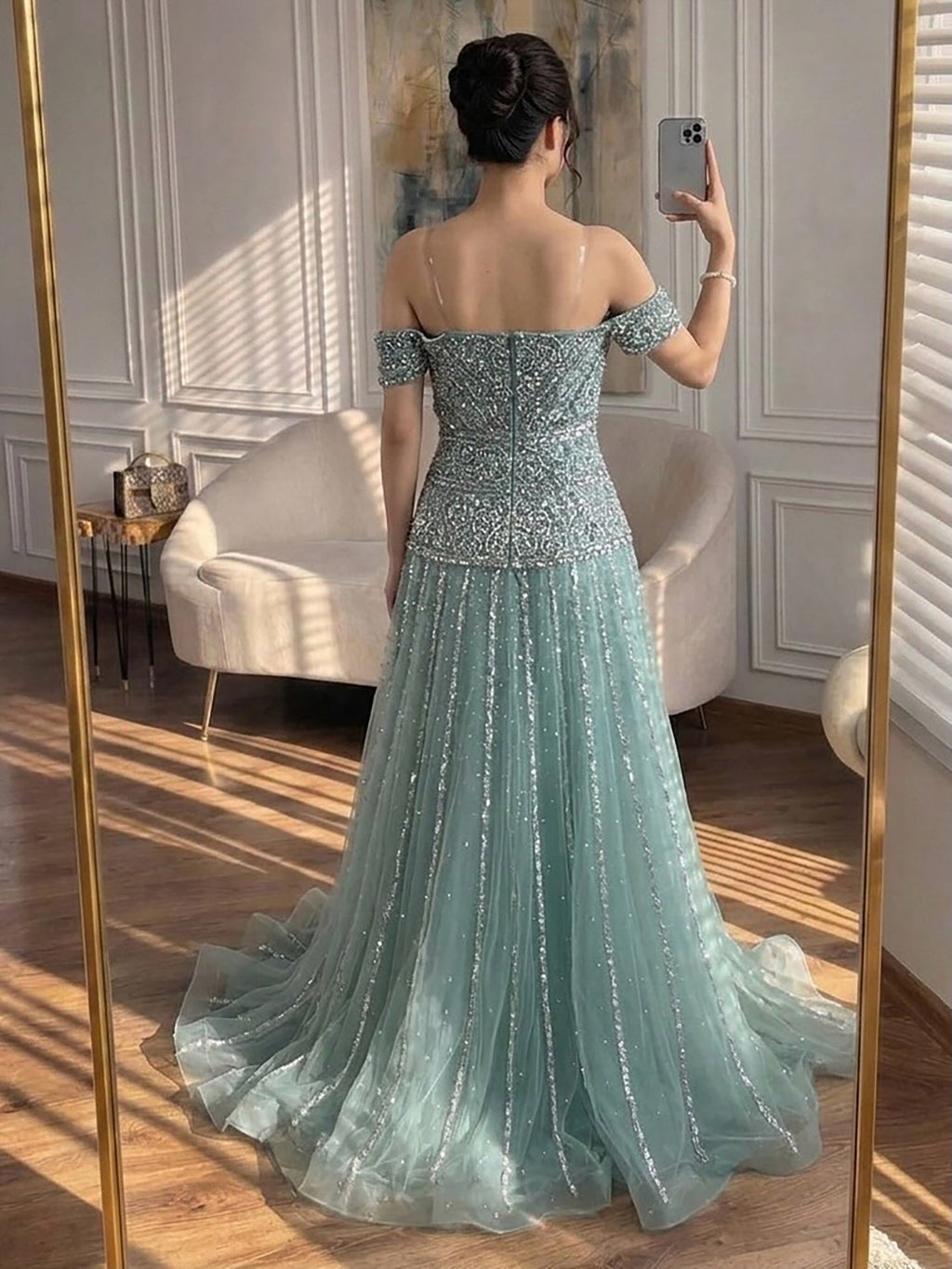 Luxury Caramel Off The Shoulder A-Line Beaded Evening Dress CLA72709