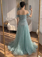 Luxury Caramel Off The Shoulder A-Line Beaded Evening Dress CLA72709
