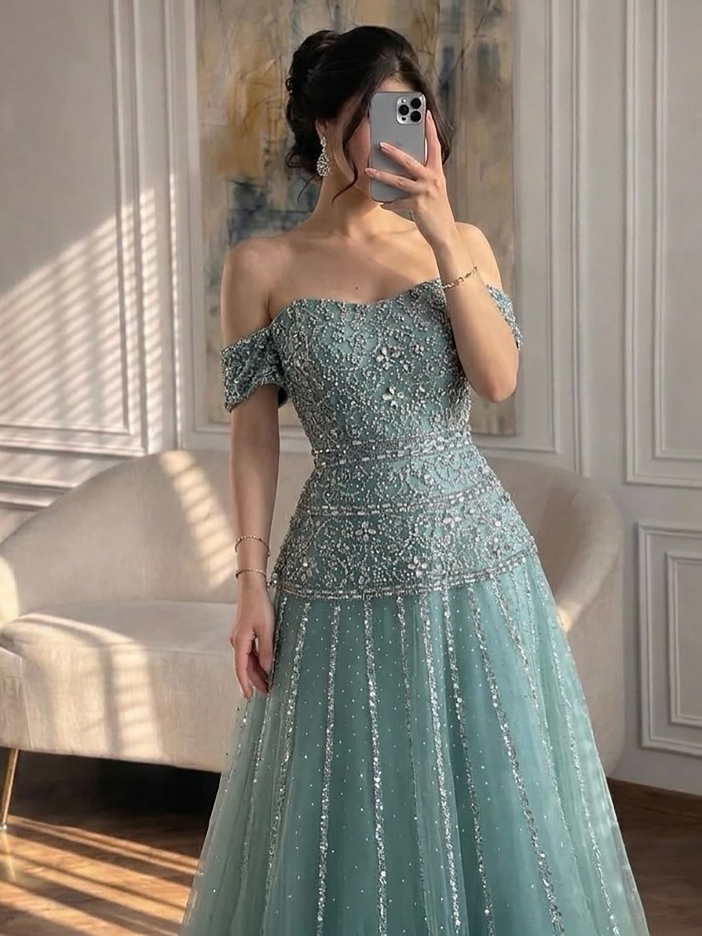 Luxury Caramel Off The Shoulder A-Line Beaded Evening Dress CLA72709