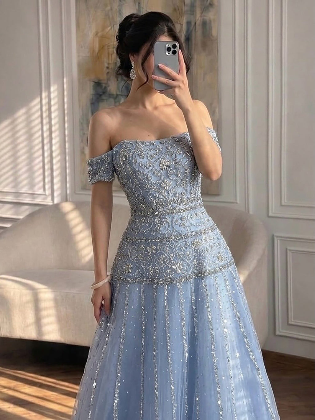 Luxury Caramel Off The Shoulder A-Line Beaded Evening Dress CLA72709