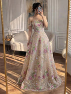 Luxury Nude Pink Off The Shoulder Floral Beaded A Line Dress LA72709A