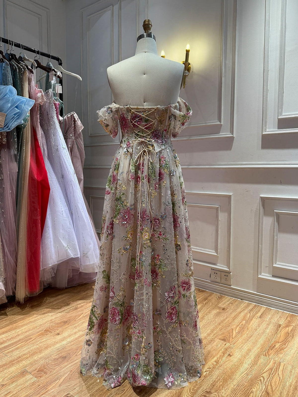 Elegant Pink Floral Beaded Off Shoulder A Line Prom Dress LA72709B