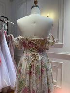 Elegant Pink Floral Beaded Off Shoulder A Line Prom Dress LA72709B