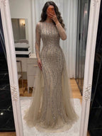 Luxury Caramel Beaded Long Sleeve Mermaid Dress With Overskirt LA72710B