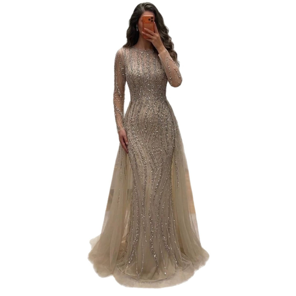 Luxury Caramel Beaded Long Sleeve Mermaid Dress With Overskirt LA72710B
