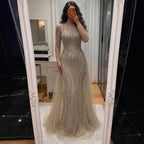 Luxury Caramel Beaded Long Sleeve Mermaid Dress With Overskirt LA72710B