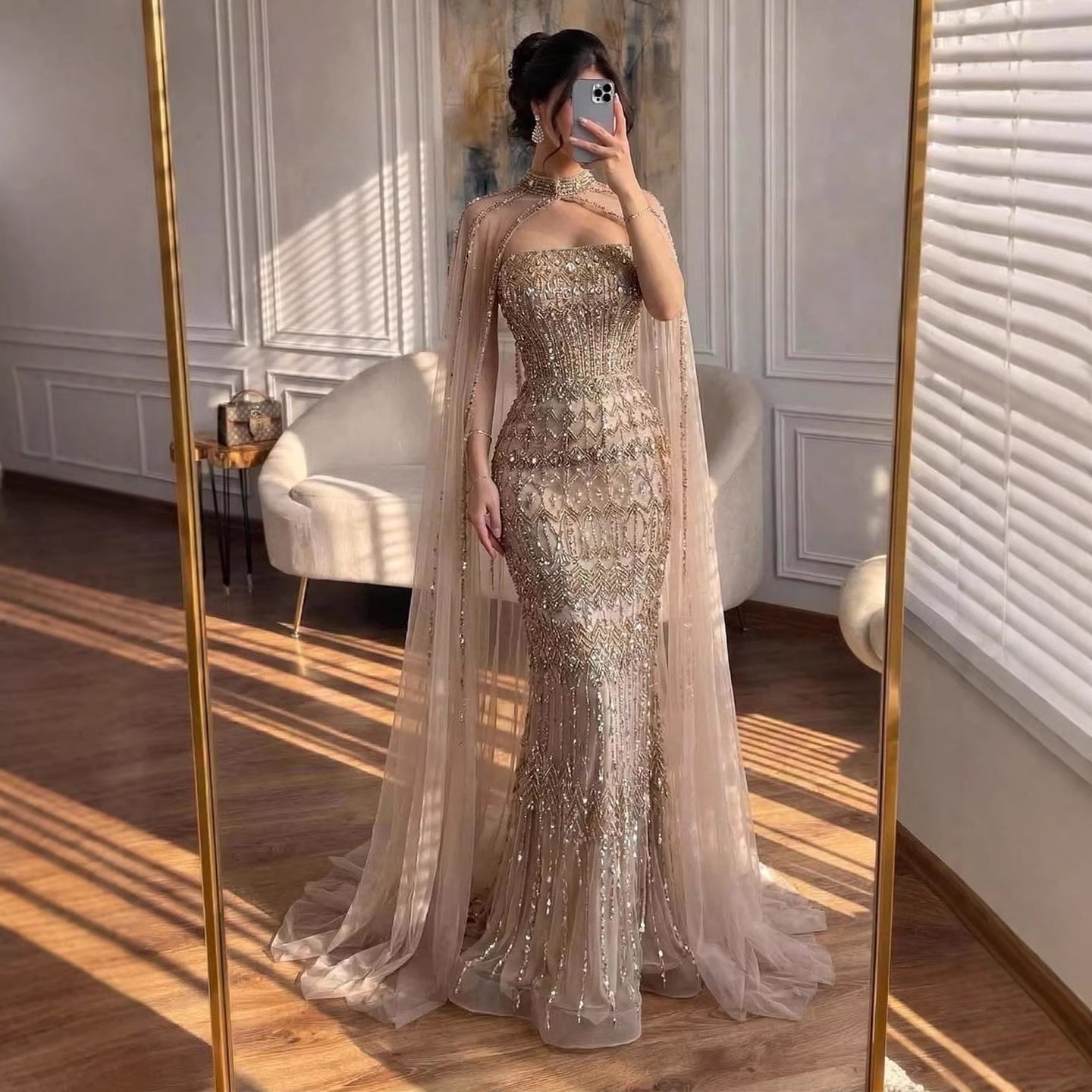 Arabic Luxury Beaded Strapless Mermaid Evening Dress With Cape Women Wedding Party Gown CLA72714B