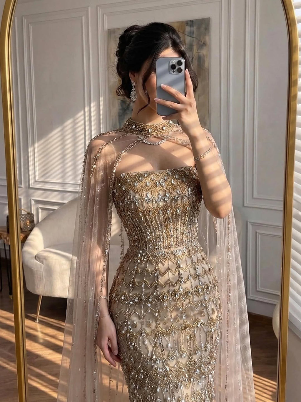 Arabic Luxury Beaded Strapless Mermaid Evening Dress With Cape Women Wedding Party Gown CLA72714B