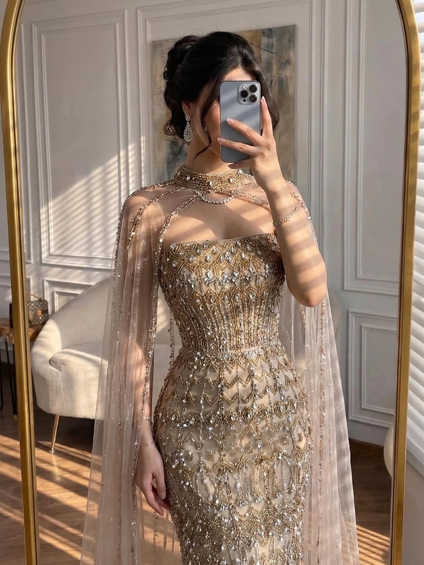 Arabic Luxury Beaded Strapless Mermaid Evening Dress With Cape Women Wedding Party Gown CLA72714B