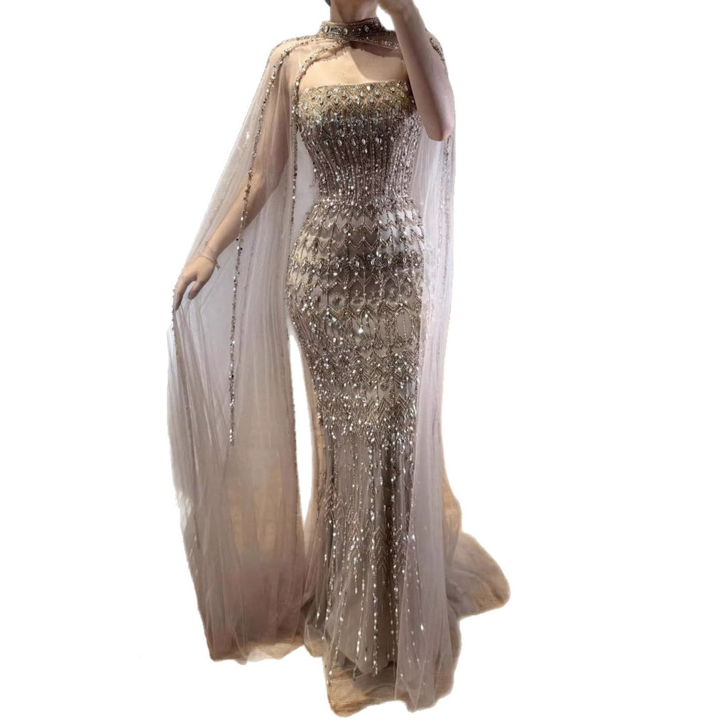 Arabic Luxury Beaded Strapless Mermaid Evening Dress With Cape Women Wedding Party Gown CLA72714B
