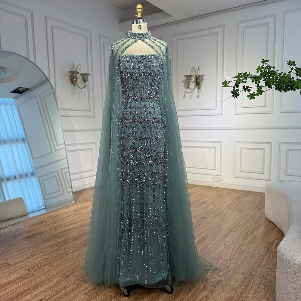 Arabic Luxury Beaded Strapless Mermaid Evening Dress With Cape Women Wedding Party Gown CLA72714B