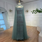 Arabic Luxury Beaded Strapless Mermaid Evening Dress With Cape Women Wedding Party Gown CLA72714B