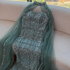 Arabic Luxury Beaded Strapless Mermaid Evening Dress With Cape Women Wedding Party Gown CLA72714B