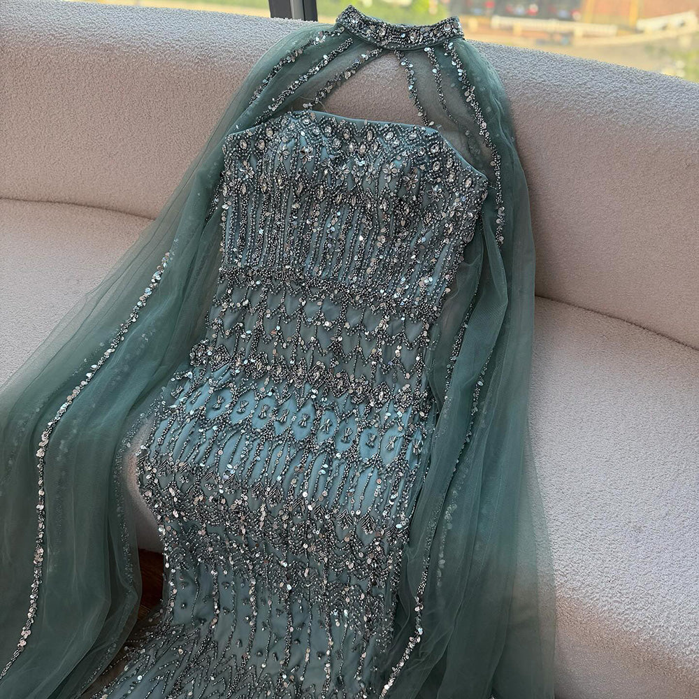 Arabic Luxury Beaded Strapless Mermaid Evening Dress With Cape Women Wedding Party Gown CLA72714B