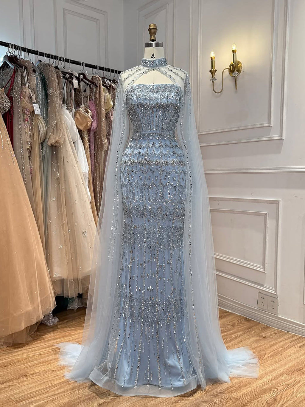 Arabic Luxury Beaded Strapless Mermaid Evening Dress With Cape Women Wedding Party Gown CLA72714B