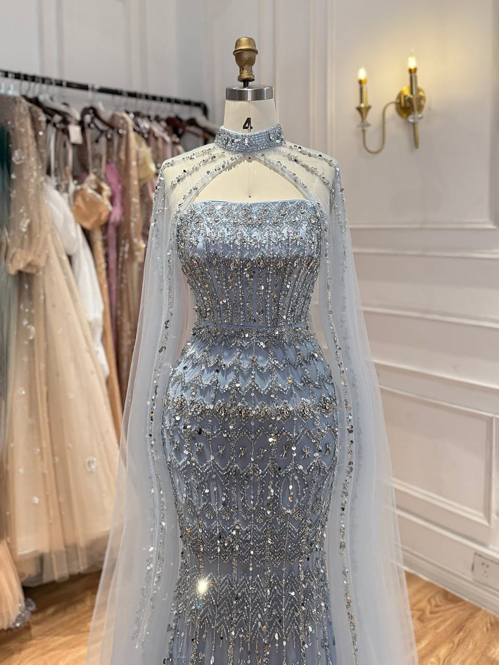 Arabic Luxury Beaded Strapless Mermaid Evening Dress With Cape Women Wedding Party Gown CLA72714B