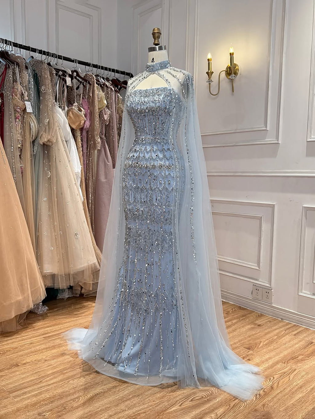 Arabic Luxury Beaded Strapless Mermaid Evening Dress With Cape Women Wedding Party Gown CLA72714B