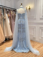 Arabic Luxury Beaded Strapless Mermaid Evening Dress With Cape Women Wedding Party Gown CLA72714B