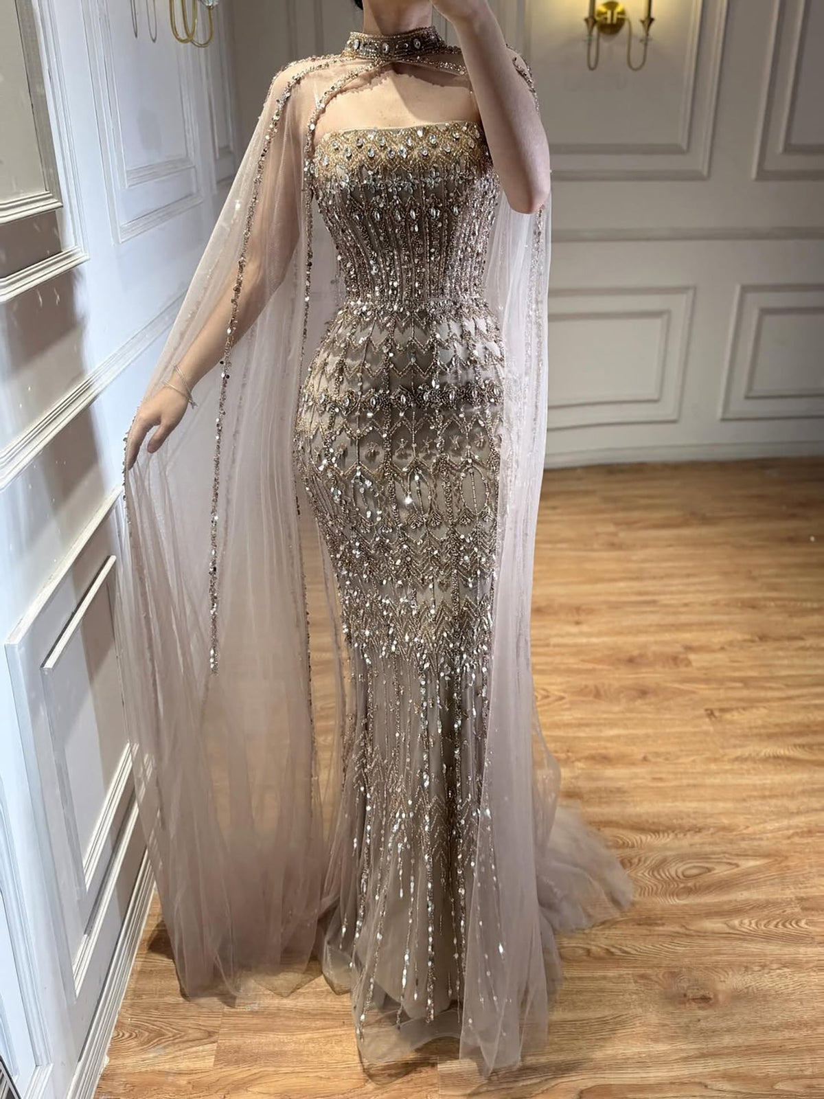 Arabic Luxury Beaded Strapless Mermaid Evening Dress With Cape Women Wedding Party Gown CLA72714B
