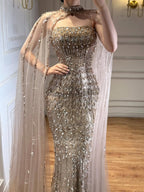 Arabic Luxury Beaded Strapless Mermaid Evening Dress With Cape Women Wedding Party Gown CLA72714B