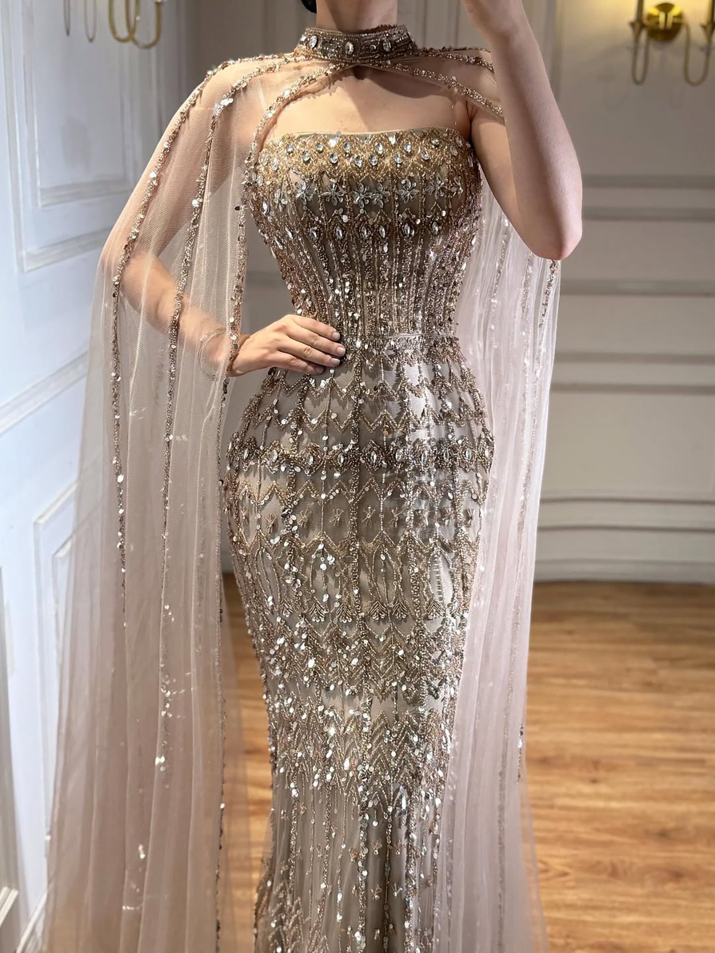 Arabic Luxury Beaded Strapless Mermaid Evening Dress With Cape Women Wedding Party Gown CLA72714B