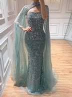Arabic Luxury Beaded Strapless Mermaid Evening Dress With Cape Women Wedding Party Gown CLA72714B
