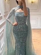 Arabic Luxury Beaded Strapless Mermaid Evening Dress With Cape Women Wedding Party Gown CLA72714B