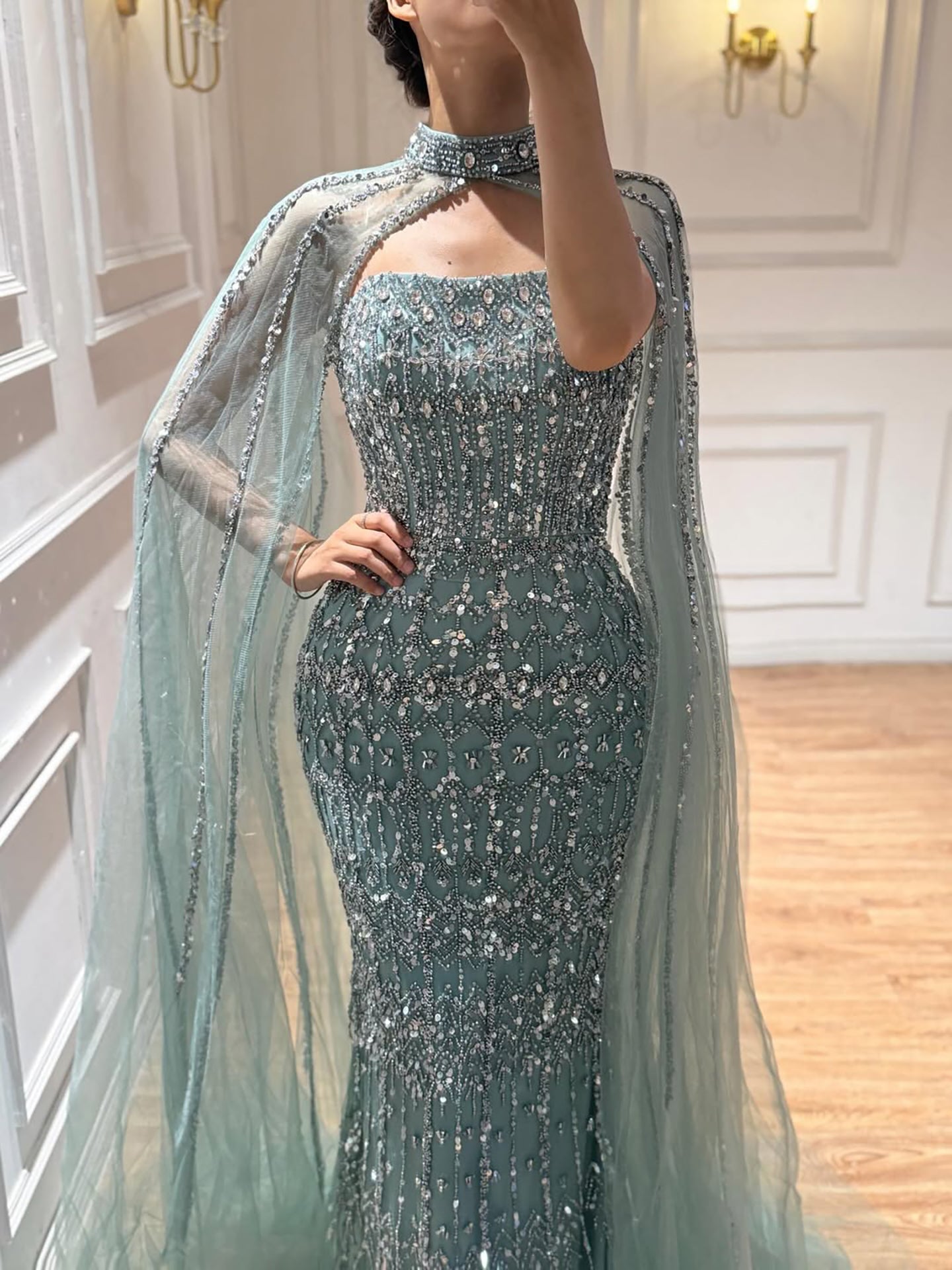 Arabic Luxury Beaded Strapless Mermaid Evening Dress With Cape Women Wedding Party Gown CLA72714B