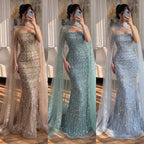 Arabic Luxury Beaded Strapless Mermaid Evening Dress With Cape Women Wedding Party Gown CLA72714B