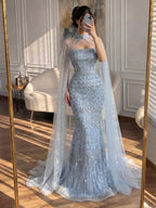 Arabic Luxury Beaded Strapless Mermaid Evening Dress With Cape Women Wedding Party Gown CLA72714B