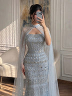 Arabic Luxury Beaded Strapless Mermaid Evening Dress With Cape Women Wedding Party Gown CLA72714B