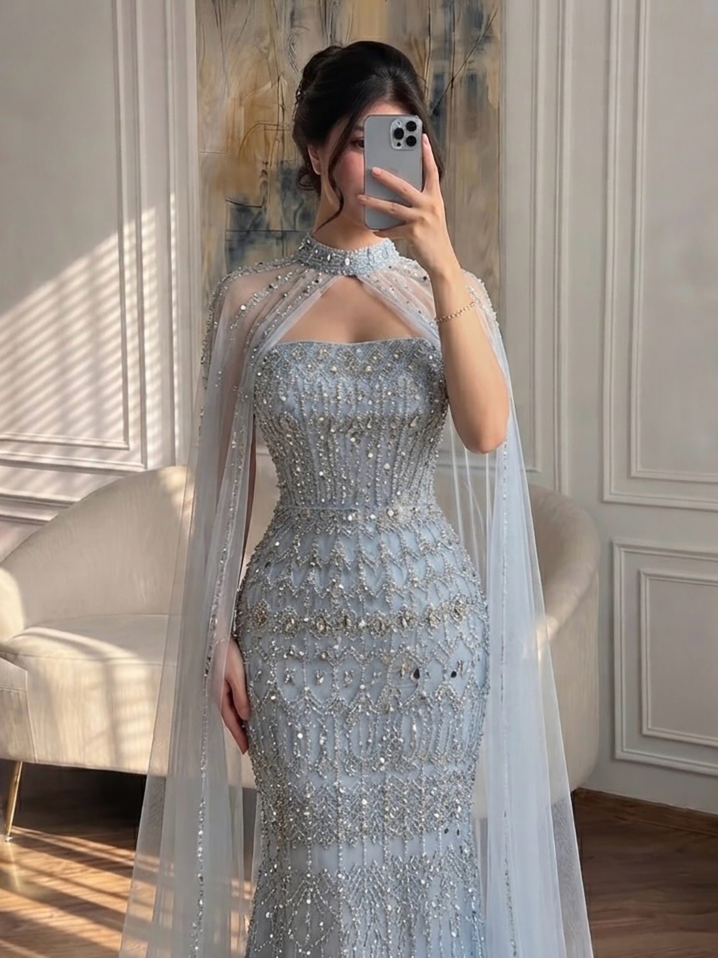 Arabic Luxury Beaded Strapless Mermaid Evening Dress With Cape Women Wedding Party Gown CLA72714B