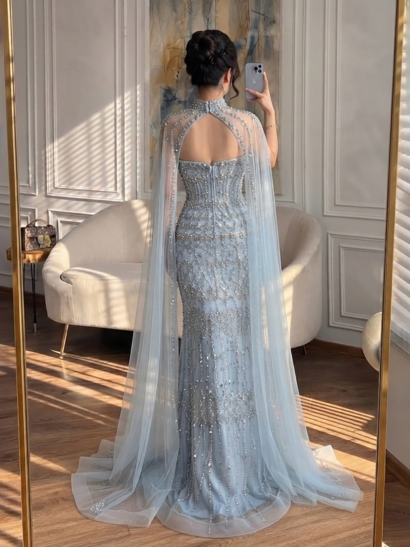 Arabic Luxury Beaded Strapless Mermaid Evening Dress With Cape Women Wedding Party Gown CLA72714B