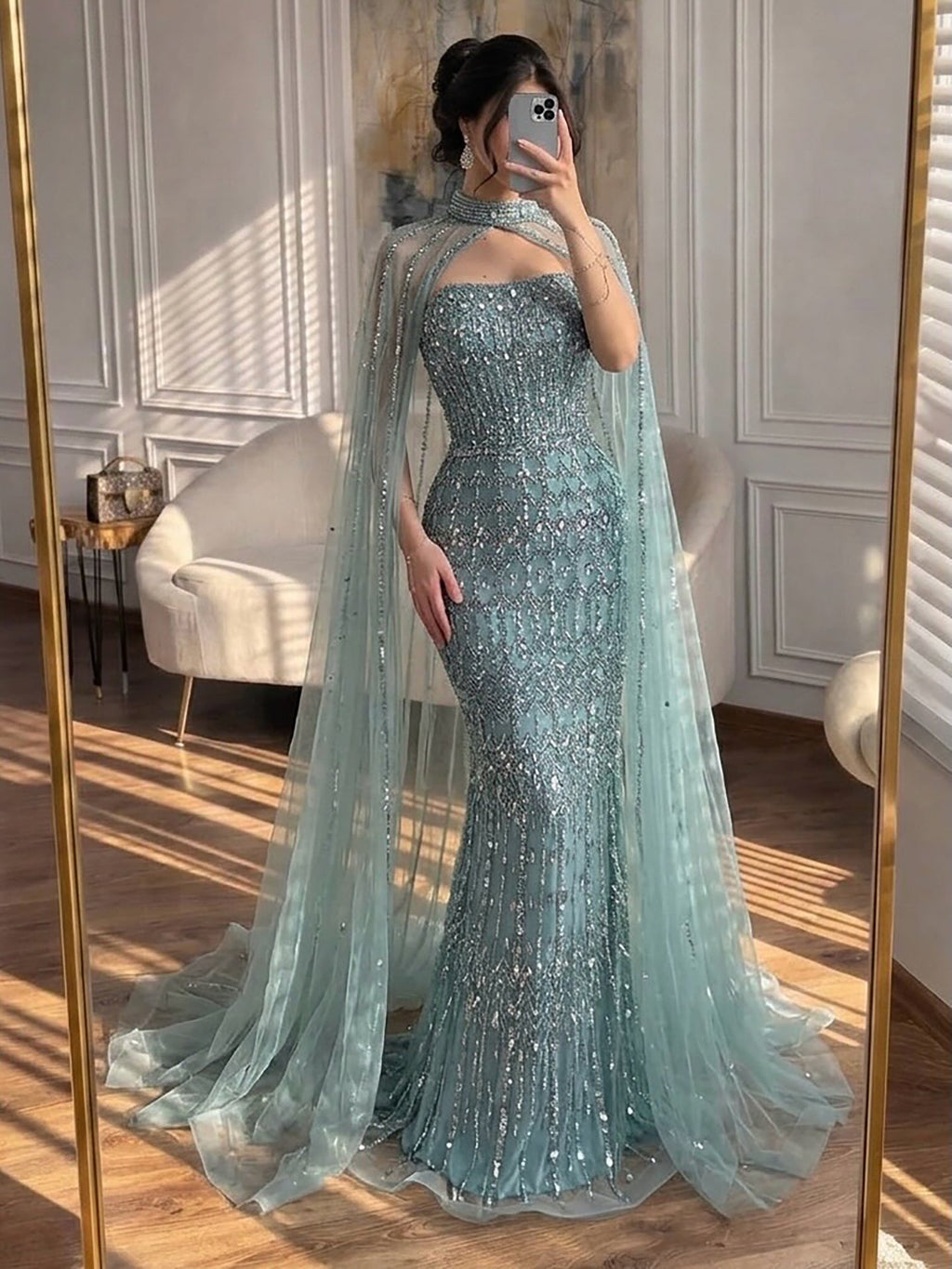 Arabic Luxury Beaded Strapless Mermaid Evening Dress With Cape Women Wedding Party Gown CLA72714B