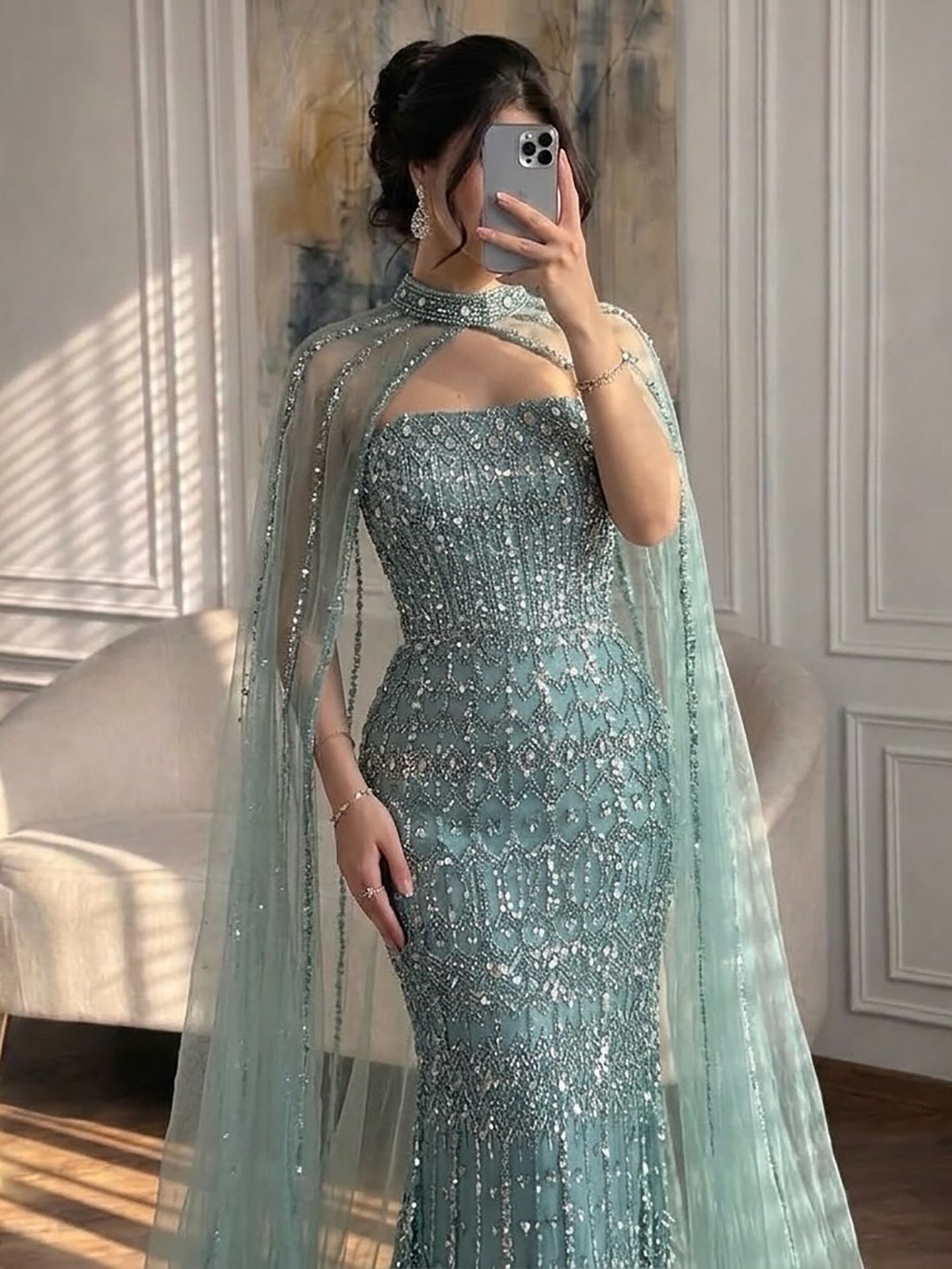 Arabic Luxury Beaded Strapless Mermaid Evening Dress With Cape Women Wedding Party Gown CLA72714B