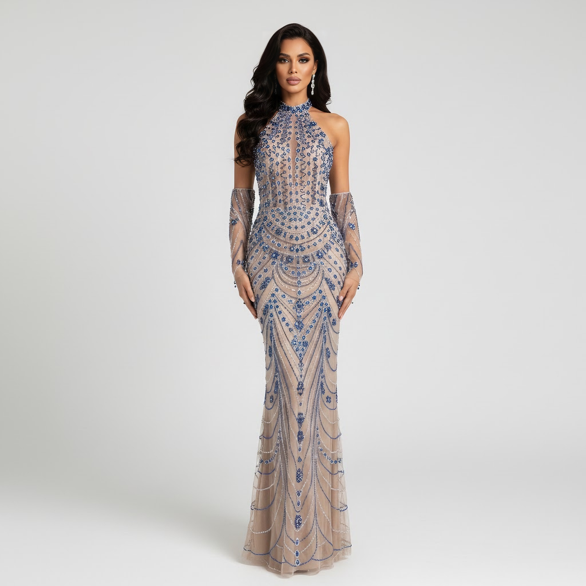 Kosovo Luxury Beaded Halter Evening Dress With Gloves CLA72760C