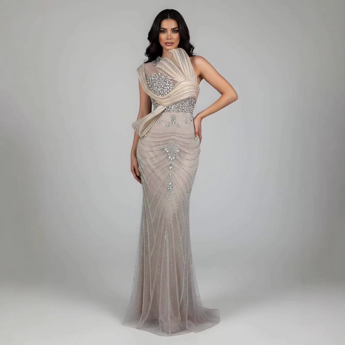 Luxury Nude Beaded Arabic Elegant Evening Dress Prom LA72769B