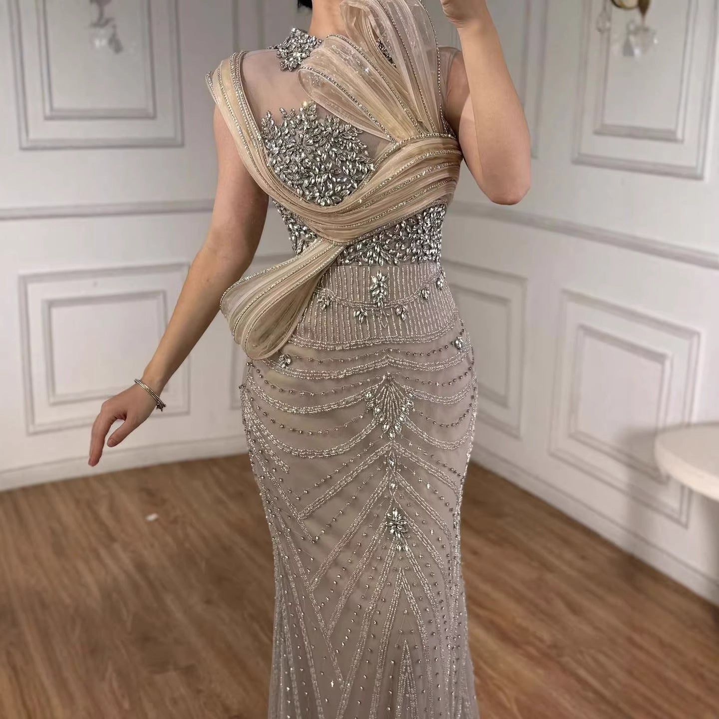 Luxury Nude Beaded Arabic Elegant Evening Dress Prom LA72769B