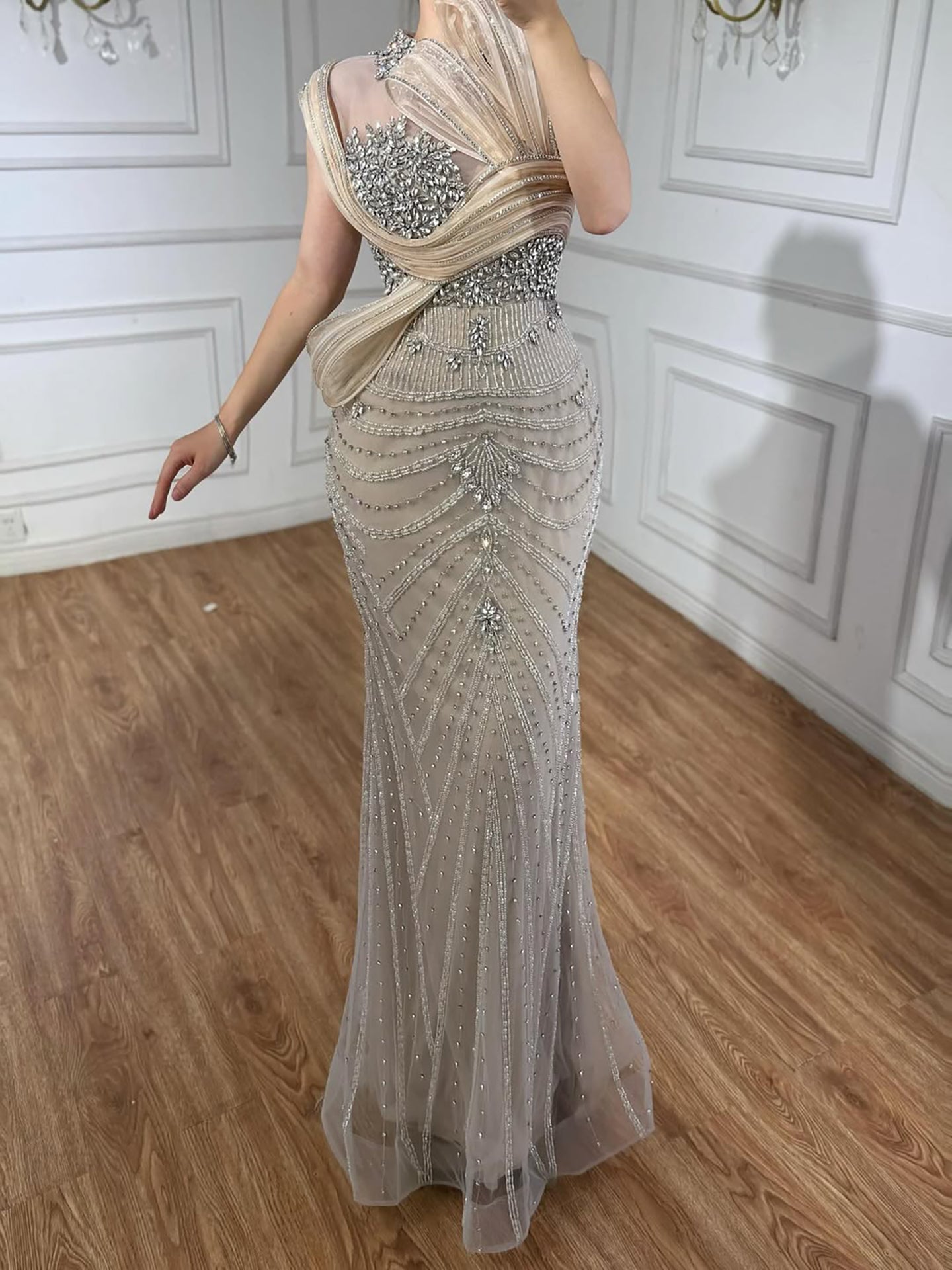 Luxury Nude Beaded Arabic Elegant Evening Dress Prom LA72769B