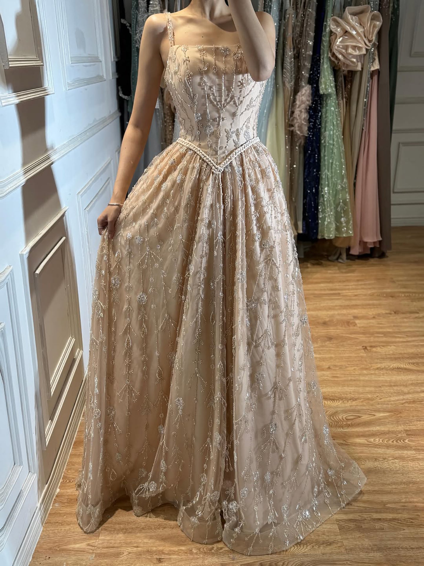 Luxury Sage Green Beaded A-Line Spaghetti Straps Evening Dress CLA72805