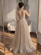 Luxury Sage Green Beaded A-Line Spaghetti Straps Evening Dress CLA72805