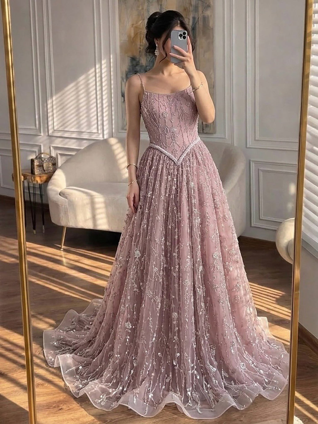 Luxury Sage Green Beaded A-Line Spaghetti Straps Evening Dress CLA72805